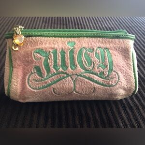 Vintage Juicy Couture Y2K Pink Cosmetic Bag with Green Embroidery